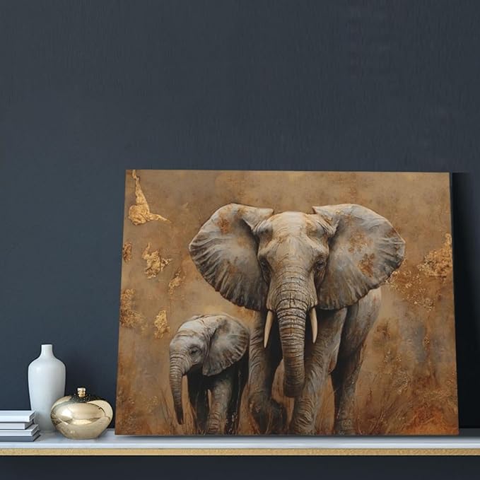 Elephant Wall Art African Animal Pictures Elephant Family Canvas Painting Decoration Artwork Framed Wall Decor Gifts for Women Girl Living Room Kids Bedroom 16"x20"