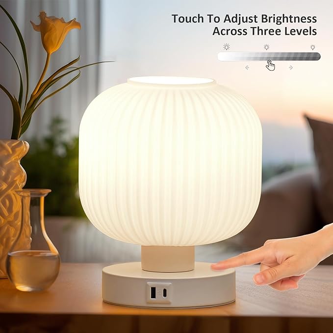 Big Touch Glass Bedside Lamps,Table Lamps 3 Way Dimmable with USB C+A Charging Ports - Bedroom Nightstand & Living Room Essential, 9W Bulb Included