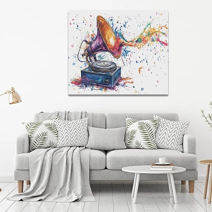 Fleruku Watercolor Phonograph Wall Art Colorful Phonograph Wall Decor Pictures Canvas Painting Artwork Home Decorations for Living Room Bedroom Bathroom Office Nursery Classroom 24"x20"