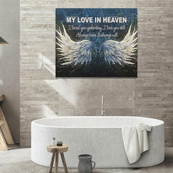 Fleruku Angel Wings Wall Art Memorial Motivational Wall Decor Wings My Love In Heaven Pictures Canvas Painting Artwork Home Decorations for Living Room Bedroom Bathroom Office 24"x20"