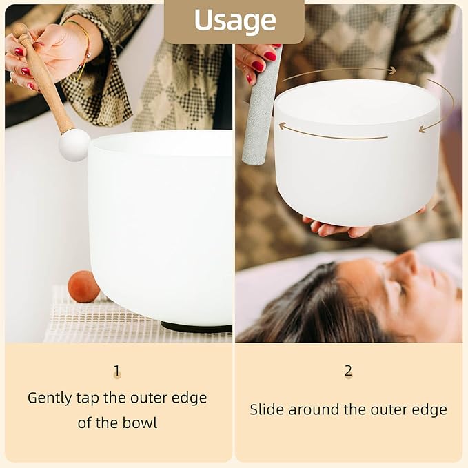 8 inch White B Note Crown Chakra Quartz Crystal Singing Bowl, for Healing Mindfulness Meditation Yoga Sound Baths, with Rubber Mallet O-ring