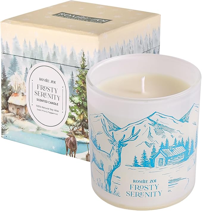 Christmas Scented Jar Candle - 6oz Soy Wax Candle - Frosty Serenity Infused with Frosted Mint & Fir Aroma - with Beautiful Keepsake Box Special for Christmas/Holiday Gifts