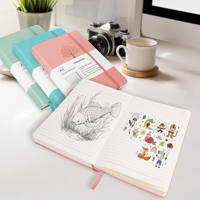 Journals for Writing, A5 Leather Ruled Notebook with 400 Pages, 100 Gms College Ruled Journal with Thick Paper, Hardcover with Inner Pocket & Pen Holder, Pink