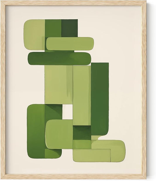 HAUS AND HUES Modern Abstract Wall Art - Blue and Green Living Room Art, Modern Artwork for Walls, Minimalist Picture for Living Room(Green Geometric, Beige Frame, 16x20)
