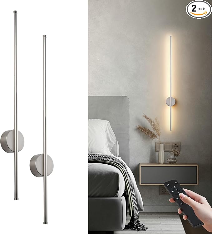 Battery Operated Modern Wall Sconces, Dimmable Wireless Wall Light Set of Two with Remote Control, 3 Color Temperatures, Rechargeable LED Wall Sconce for Bedroom, Living Room,Hallway, 39.3 Inch Nickel