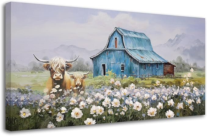 Anolyfi Barn Farmhouse Canvas Wall Art for Living Room, Highland Cow Picture and Country Chic Landscape Farm Painting Turquoise Artwork Framed Bedroom Bathroom Office Hallway Home Decor 40"x20"