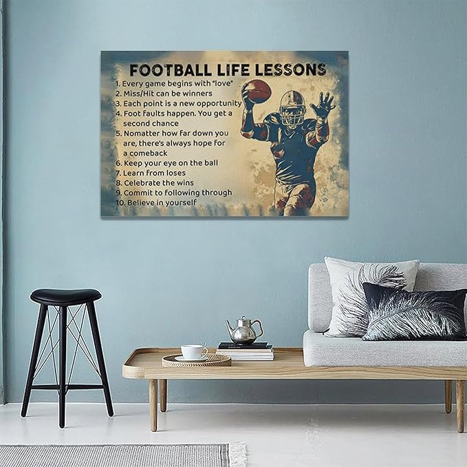 Farmhouse Football Wall Art For Boy Room Rustic Football Life Lessons Wall Decor Retro Football Sign Canvas Painting Artwork Home Decorations for Man Teenager Office Bedroom Living Room 24"x16"