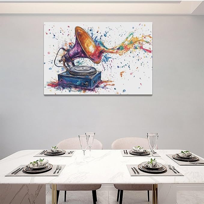 Fleruku Watercolor Phonograph Wall Art Colorful Phonograph Wall Decor Pictures Canvas Painting Artwork Home Decorations for Living Room Bedroom Bathroom Office Nursery Classroom 24"x16"