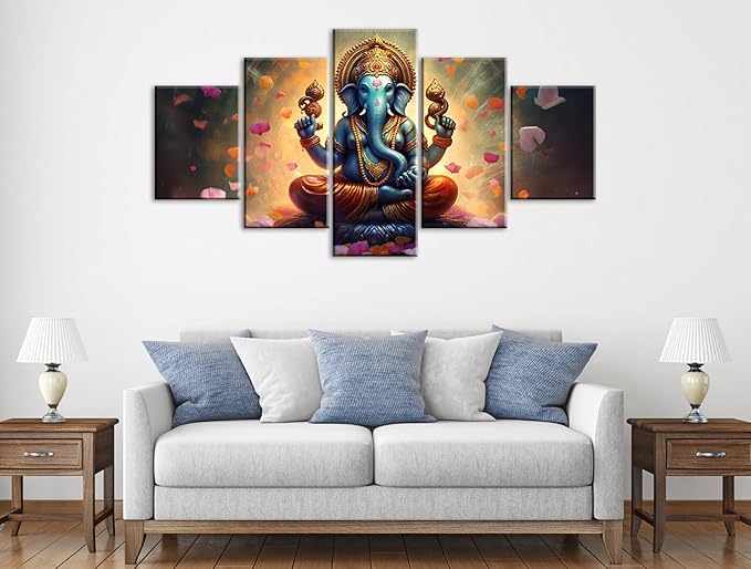 Ganesha Indian Wall Decor Large 5 Pieces Lord Hindu Elephant Photo Picture Canvas Prints Paintings for Living Room Meditation Room Framed Decorations (60" W x 32" H)
