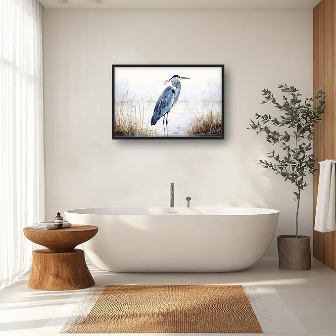 Heron Wall Art Blue Bird Pictures Wall Decor Chinoiserie Coastal Extra Large Canvas Prints Framed Artwork Paintings Home Office Decorations For Living Room Bedroom Dinning Room 36"x24"