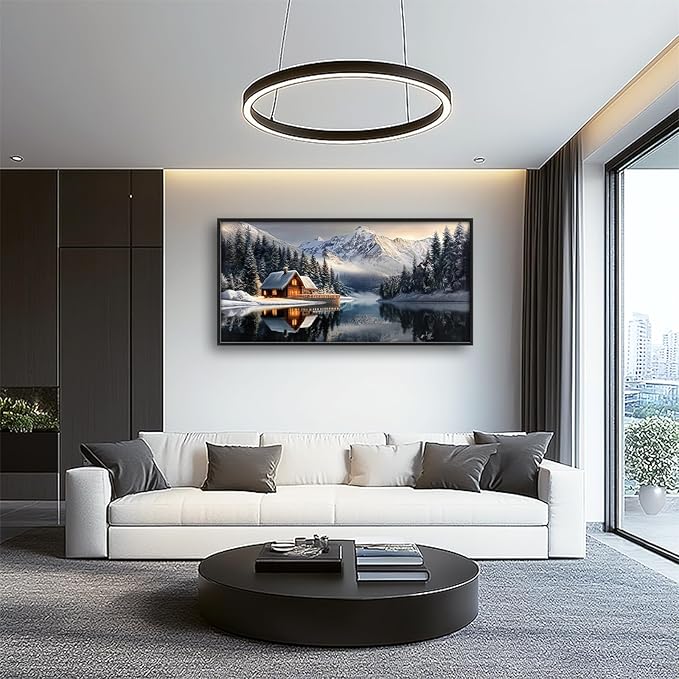 Winter Large Wall Art Mountain Lake Log Cabin Nature Pictures Wall Decor Landscape Canvas Prints Paintings Home Office Decorations Above Bed Framed Artwork for Living Room Dinning Room 60"x30"