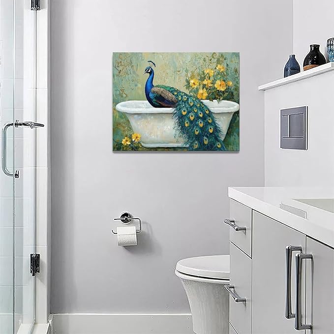 Fleruku Vintage Peacock Wall Art Elegance Bathroom Wall Decor Green Peacock Pictures Canvas Painting Artwork Home Decorations for Living Room Bedroom Office 16"x12"