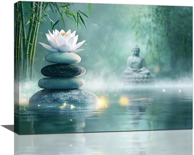 Olivine Zen Decor Wall Art, Lotus Pictures Wall Decor, Stones Flower Bloom Canvas Prints Painting, Framed Artwork for Meditation Bathroom Bedroom Living Room Office Home Decoration 16"x12"
