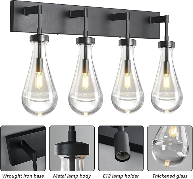 Raindrop Wall Sconces Black Crystal Sconces Wall Decor Modern Brass Lighting Glass Bathroom Sconces Indoor Vanity Light Wall Lamp for Bedroom Living Room Stair(4-Light)