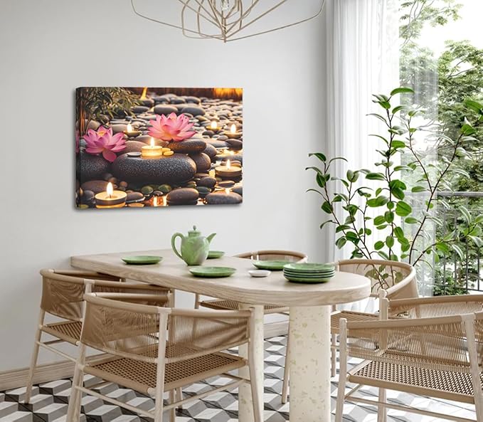 Zen Water Lily Canvas Wall Art,Pink Floral and Yellow Candle on Stone Bedroom Wall Decor,Modern Spiritual Yoga Spa Painting Picture Artwork for Zen Office Decor Bathroom Home(12"x16"Framed)