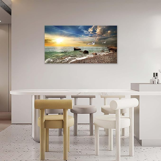 Coastal Beach Big Wall Art Ocean Picture Wall Decor Gold Sunlight Seagull Seascape Theme Large Canvas Print Modern Frame Artwork for Bedroom Bathroom Living Room Home Office 60"x30"