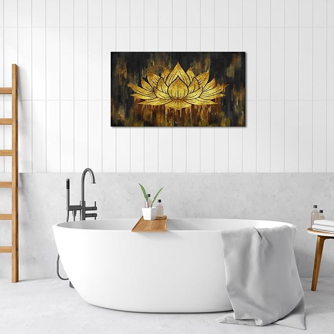 SkenoArt Gold Lotus Wall Art Abstract Zen Lotus Canvas Wall Art Gold and Black Zen Flower Picture Artwork for Living Room Home Bedroom Wall Decor Stretched and Framed 20x36 inch