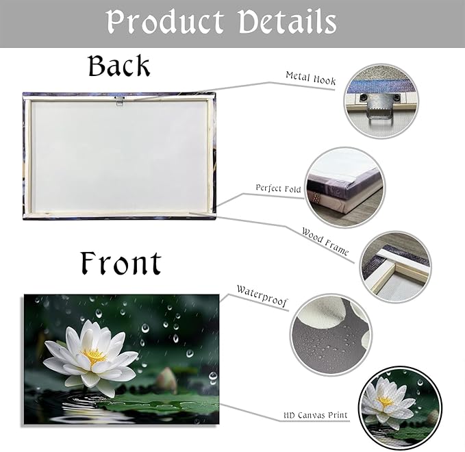 White Lotus Canvas Wall Art - Zen Wall Decor Flower on Water Picture Relax Meditation Zen Art for Living Room Bedroom Bathroom Home Decor Framed(16.00x24.00 inch)
