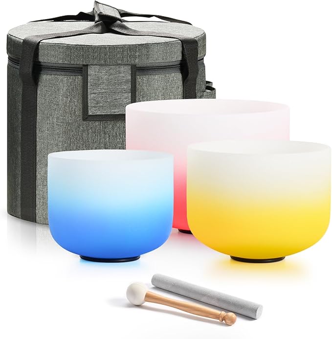 432HZ PCS Aria Gradient GEC Crystal Singing Bowl Set of 3, 8"G Throat, 10"E Solar Plexus, 12” Root with Case Suede Striker & O-Ring Sound Therapy for Reiki, Healing Energy
