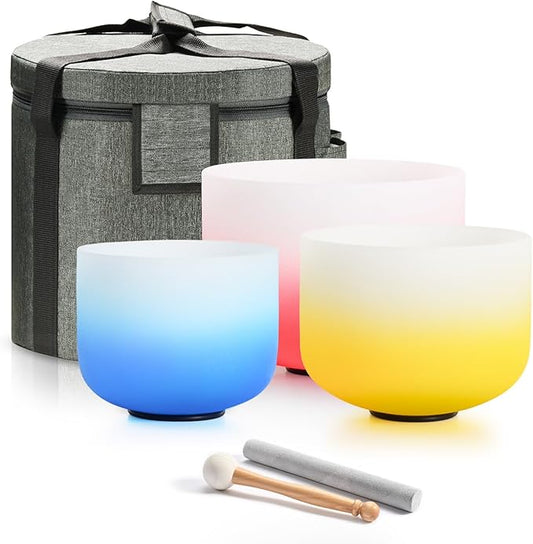 432HZ PCS Aria Gradient GEC Crystal Singing Bowl Set of 3, 8"G Throat, 10"E Solar Plexus, 12” Root with Case Suede Striker & O-Ring Sound Therapy for Reiki, Healing Energy
