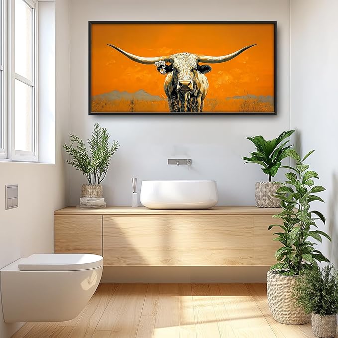 SweetFox Extra Large Western Longhorn Steer Framed Wall Art for Living Room, Farmhouse Cow Pictures Oversized Wall Decor Abstract Canvas Painting Print Artworks for Bathroom Master Bedroom 60L X 30W