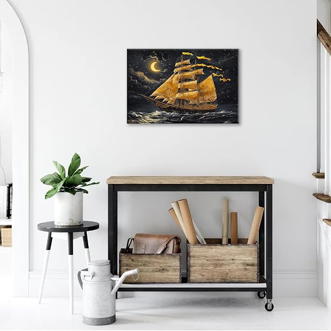 Olivine Sailboat Wall Art, Nautical Pictures Wall Decor, Ocean Seascape Painting, Coastal Night Canvas Prints, Framed Artwork for Bathroom Bedroom Living Room Office Home Decoration 24"x16"