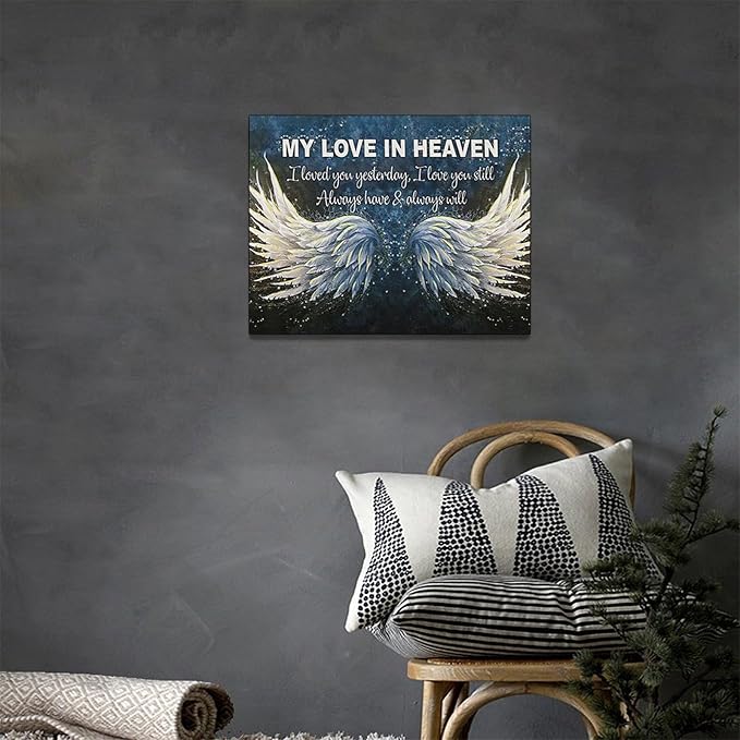 Fleruku Angel Wings Wall Art Memorial Motivational Wall Decor Wings My Love In Heaven Pictures Canvas Painting Artwork Home Decorations for Living Room Bedroom Bathroom Office 16"x12"
