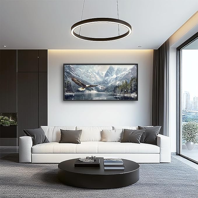 Winter Wall Art Snowy Mountain Lake Soaring Bald Eagle Pictures Wall Decor Large Canvas Prints Framed Artwork Paintings Home Office Decorations for Living Room Bedroom Dinning Room 60"x30"