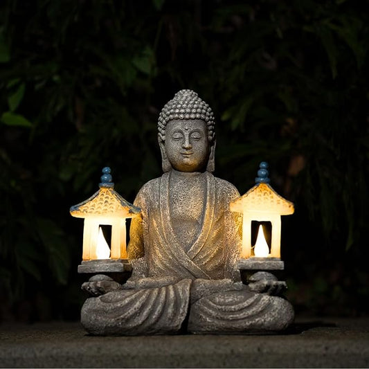 Meditating Buddha Statue with Solar Lights, Zen Garden Decor for Home, Patio, Yard, Outdoor – Unique Gift for Women and Friends(Two Pavilions)