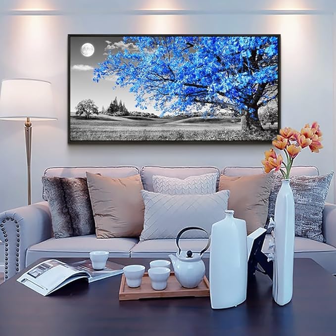 Framed Canvas Wall Art For Living Room Large Size Wall Decor For Bedroom Black And White Wall Pictures Blue Moon Tree Scenery Wall Painting Office Decor Room Home Decoration Black Framed 30" X 60"