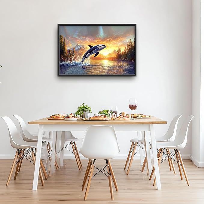 SweetFox Extra Large Orca Whale Sunset Framed Wall Art for Living Room, Ocean Wildlife Pictures Oversized Wall Decor Abstract Big Canvas Painting Print Artworks for Bathroom Bedroom 36L X 24W