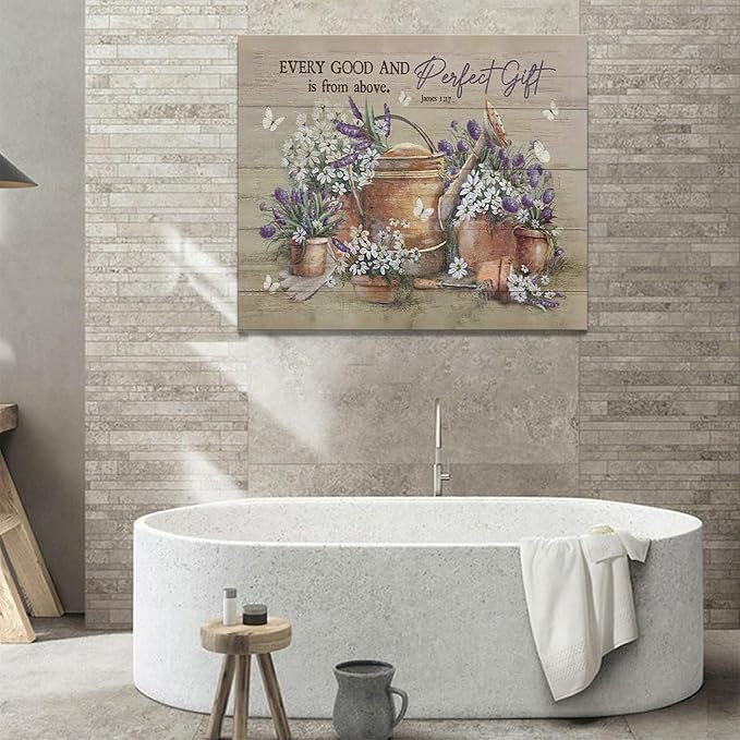 Country Bathroom Flower Wall Art Farmhouse Lavender Wall Decor Rustic Scripture Sign Canvas Painting Artwork Home Decorations for Man Teenager Office Bedroom Living Room Bathroom 24"x20"