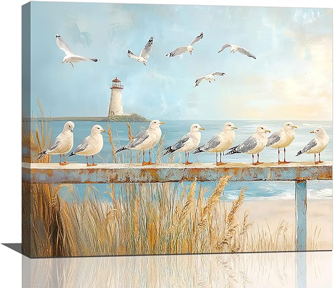 Olivine Beach Wall Art, Coastal Seagull Lighthouse Bathroom Pictures, Nautical Canvas Prints Painting for Living Room Bedroom Dinning Room Kitchen 24"x20" Inch Framed