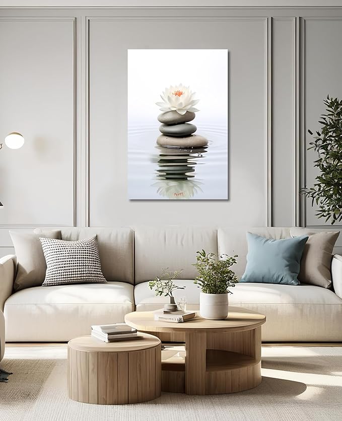 KPLUNDO Zen Wall Art Lotus Canvas Print Spa Stone Picture Meditation Painting Vintage Artwork for Bathroom Living Room Office Modern Home Decor Frame Gallery Wrap(Art-4,20.00x30.00 inch)