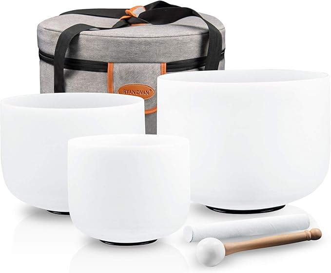 Ryan Dvan 7-11 Inch Set of 3 Frosted Quartz Crystal Singing Bowl Chakra Set with Free Carrying Case and Suede Strikers