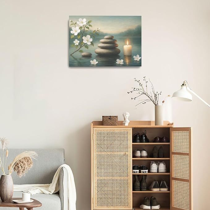 Zen Wall Art Zen Bathroom Wall Decor Spa Room Meditation Peaceful Pictures Decoration Spiritual Stone Canvas Painting Artwork Framed for Bathroom Living Room Bedroom Office 16"x24"