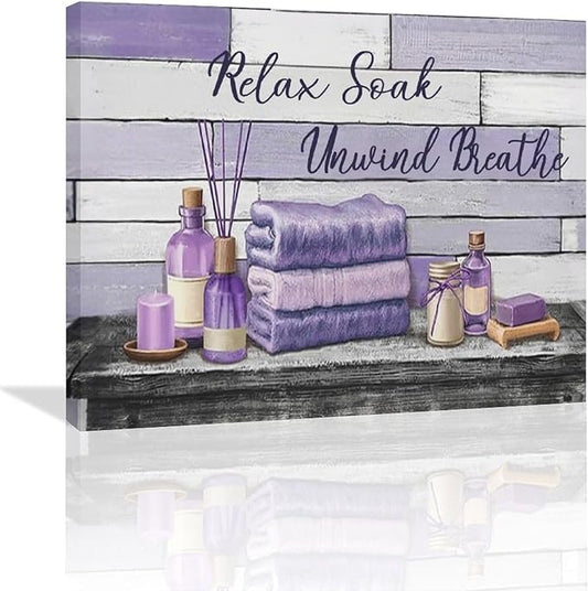 Farmhouse Bathroom Wall Art Relax Soak Unwind Breathe Wall Decor Rustic Bathroom Pictures Canvas Painting Framed Artwork Purple Country Home Decorations for Toilet Lavatory 24"x20"