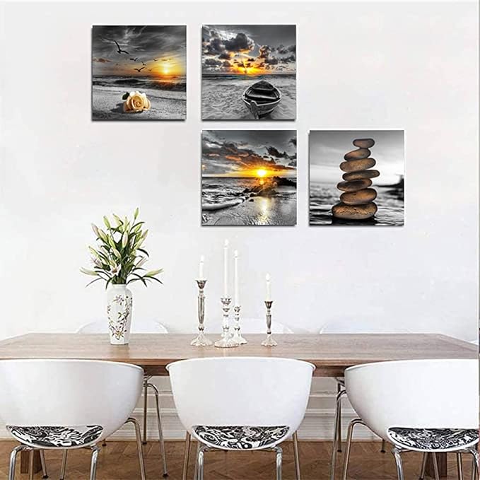 Bamdeya Black and White Gold Wall Decor Sea Sunset Beach Wall Art Seascape Zen Painting Sunrise Wall Picture Ocean Canvas Print for Living Room Bedroom Bathroom Home Wall Decoration Framed Wall Art