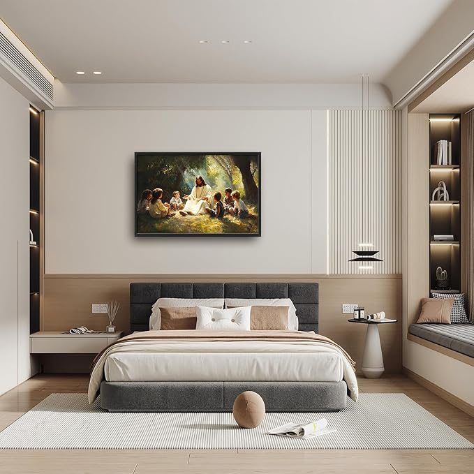 SweetFox Large Christian Jesus Framed Wall Art for Living Room, Jesus with Children Religious Pictures Oversized Wall Decor Abstract Canvas Painting Print Artworks for Bathroom Bedroom 36L X 24W
