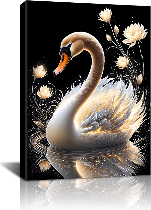 Abstract Gold Patterned Swan Wall Art,Framed Swan Wall Art Prints,White Swan Golden Lotus Flowers Vintage Painting Canvas Wall Art Prints for Bedroom Bathroom Wall Decor(12''x16'')
