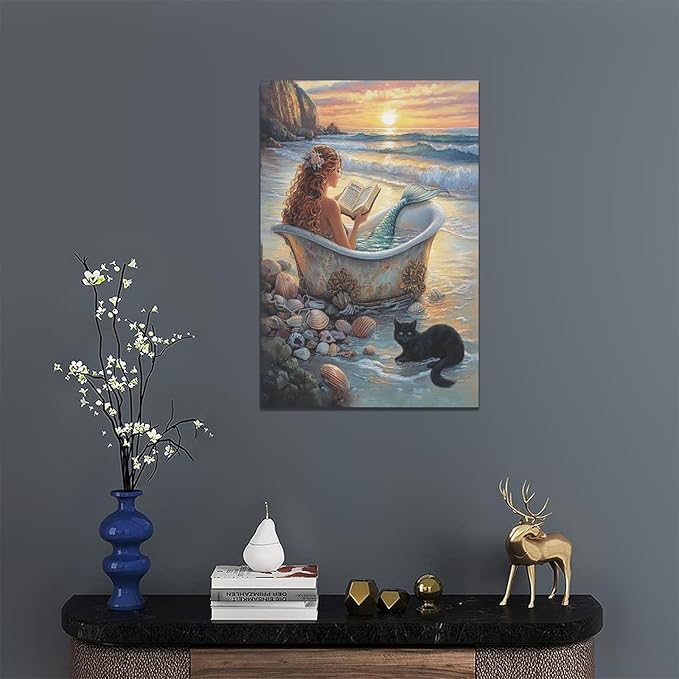 Mermaid Wall Art Beach Coastal Nautical Wall Decor Sunset Cat Pictures Canvas Painting Framed Artwork Home Decorations for Bathroom Living Room Bedroom Office 16"x24"