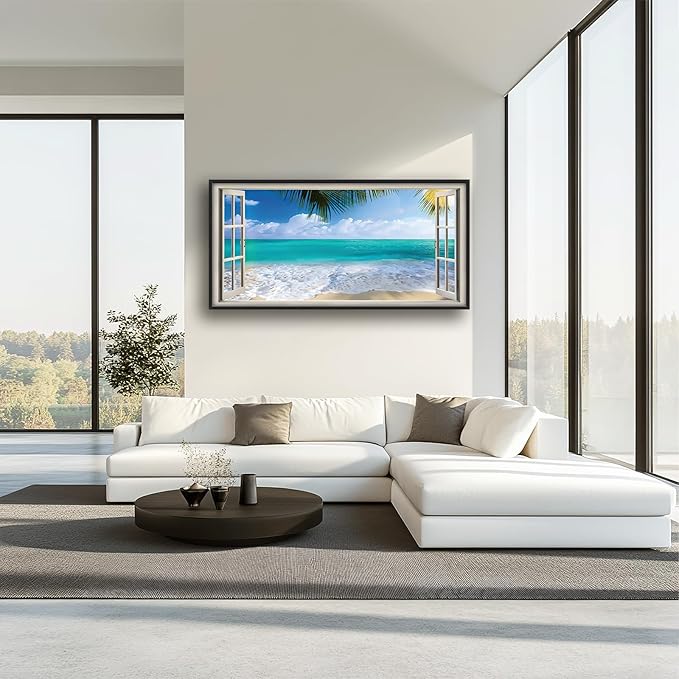 Beach Wall Art Ocean Palm Pictures Wall Decor Window Coastal Large Canvas Prints Paintings Home Office Decorations Framed Artwork for Living Room 60"x30"