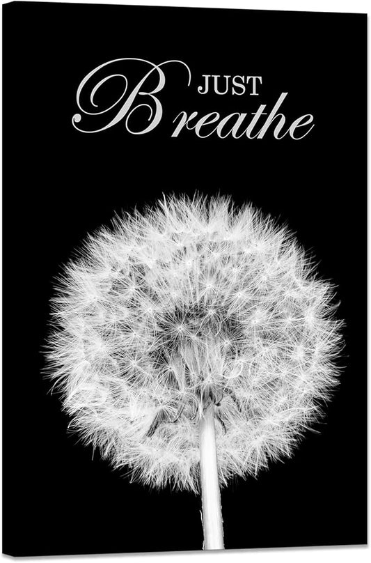 YIOZHAOFH Black Dandelion Picture Artwork Bedroom Decoration Just Breathe Canvas Painting Photo Relaxing Bathroom Art Wall Decor Framed for Home Meditation Room Office Dorm (12L x 16W)