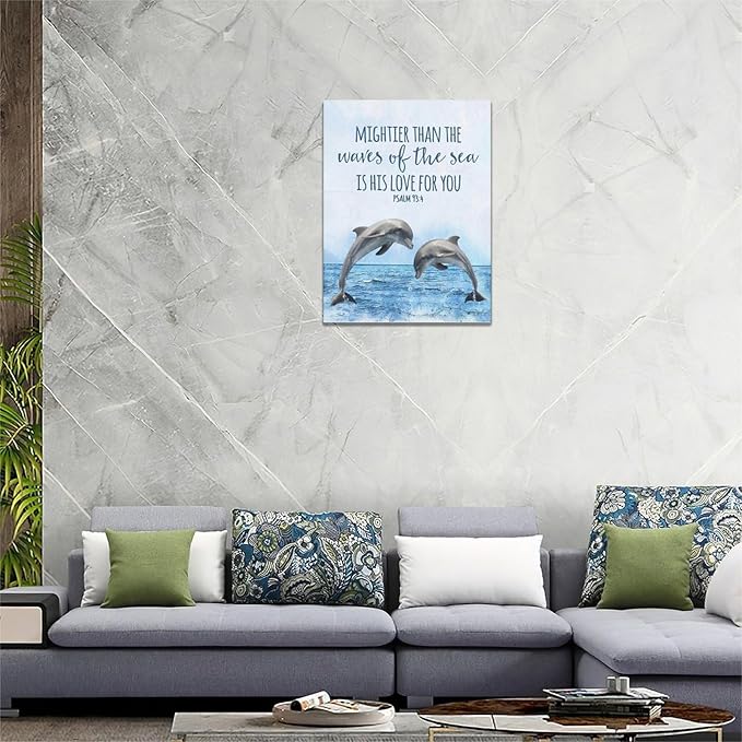 Dolphin Bathroom Decor Wall Art Ocean Coastal Wall Decor Scripture Canvas Bible Verse Prints Painting Framed Artwork for Bathroom living room Bedroom 12"x16"