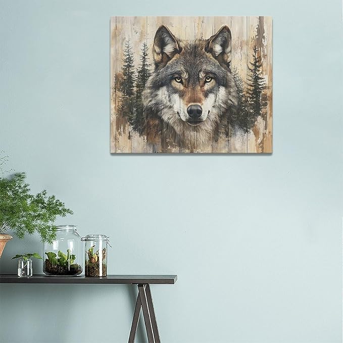 Vintage Wolf Wall Art Farmhouse Wildlife Wall Decor Country Animal Pictures Canvas Painting Artwork Home Decorations for Living Room Bedroom Bathroom Office 24"x20"