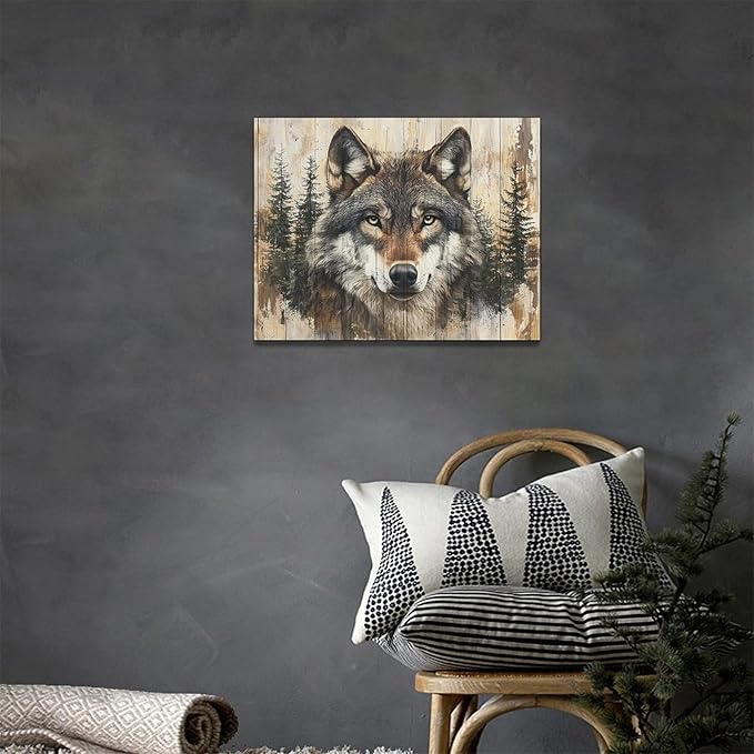Vintage Wolf Wall Art Farmhouse Wildlife Wall Decor Country Animal Pictures Canvas Painting Artwork Home Decorations for Living Room Bedroom Bathroom Office 16"x12"