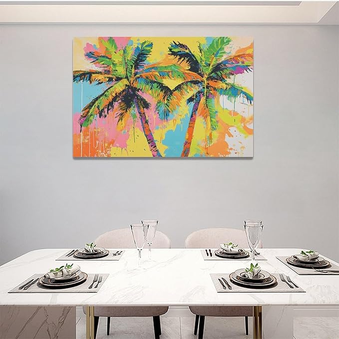 Olivine Tropical Wall Art, Palm Tree Pictures Wall Decor, Graffiti Painting, Colorful Summer Canvas Prints, Framed Artwork for Bathroom Living Room Bedroom Office Home Decoration 24"x16"