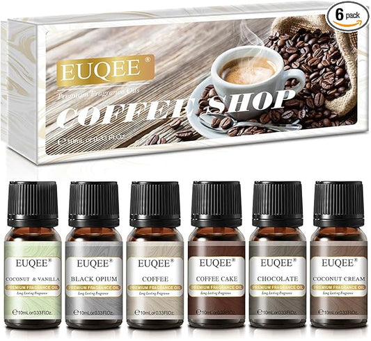 6PCS Coffee Fragrance Oil Set(10ml), Premium Fragrance Essential Oils Set for Candle Making, Diffuser-Coffee, Chocolate, Cake, Coconut Cream, Coconut & Vanilla