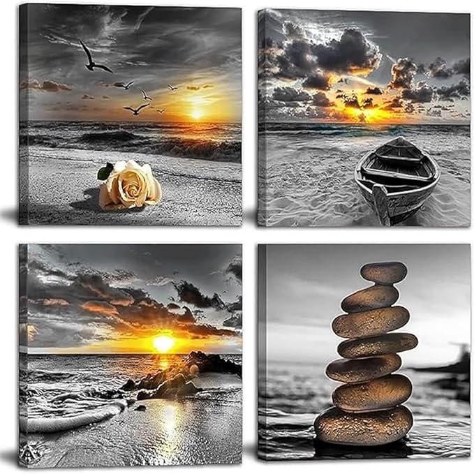 Bamdeya Black and White Gold Wall Decor Sea Sunset Beach Wall Art Seascape Zen Painting Sunrise Wall Picture Ocean Canvas Print for Living Room Bedroom Bathroom Home Wall Decoration Framed Wall Art