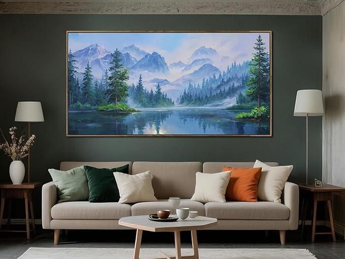 Ardemy Landscape Wall Art Canvas for Living Room Mountain Lake Nature Bedroom Painting Textured Misty Forest Scenery Picture Green Blue Artwork Home Office Decor, Wood Framed Extra Large 58"x29"